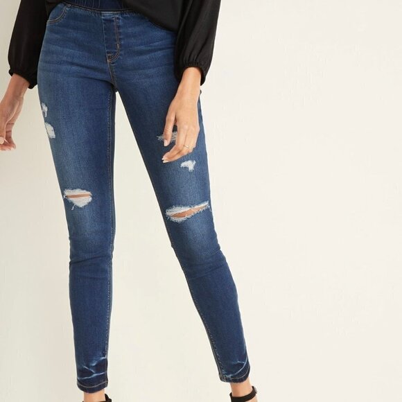 Old Navy Women's Dark Distressed Rockstar Super Skinny Jeggings Mid Rise Jeans 2 - Picture 1 of 9